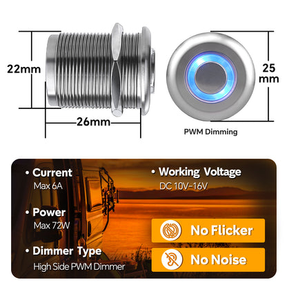 Silver Aluminum 12V High-side PWM Dimmer Switch w/ Blue Backlight for LED Strip Light, Halogen, Incandescent