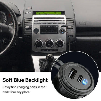 12V USB Outlet with Switch & Blue LED - 30W Type-C & 18W QC3.0 Car Charger - Aluminum Dual Port Fast USB Socket Waterproof Cigarette Lighter Replacement for RV, Boat, Truck, Camper