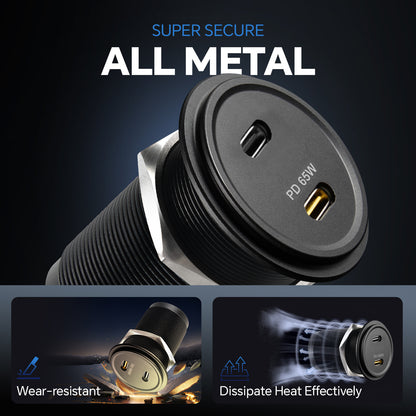 12V USB Socket Aluminum Outlet, 65W PD3.0 USB-C & 20W PD