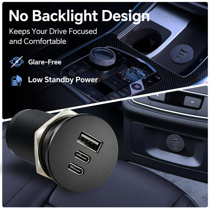 68W 3 Port 12V USB Outlet, Dual PD3.0 Type-C QC3.0 Aluminum Car Charger