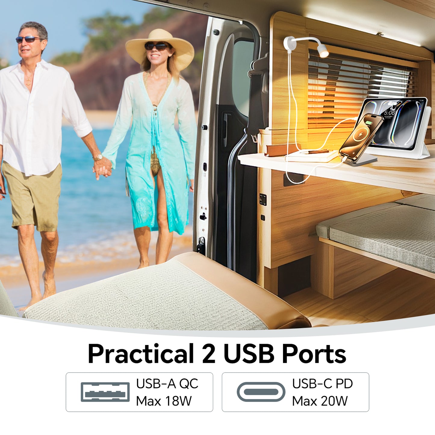 12V Reading Light Campervan, 3200K(Dimmable) & Soft Red Night Light, Equipped USB-A & USB-C Charger Gooseneck LED Bedside Spotlight for Motorhome Boat Van Caravan, White 2PCS