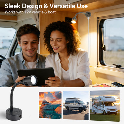 12V Reading Light Campervan, 3200K(Dimmable) & Soft Red Night Light, Equipped USB-A & USB-C Charger Gooseneck LED Bedside Spotlight for Motorhome Boat Van Caravan, Black 2PCS