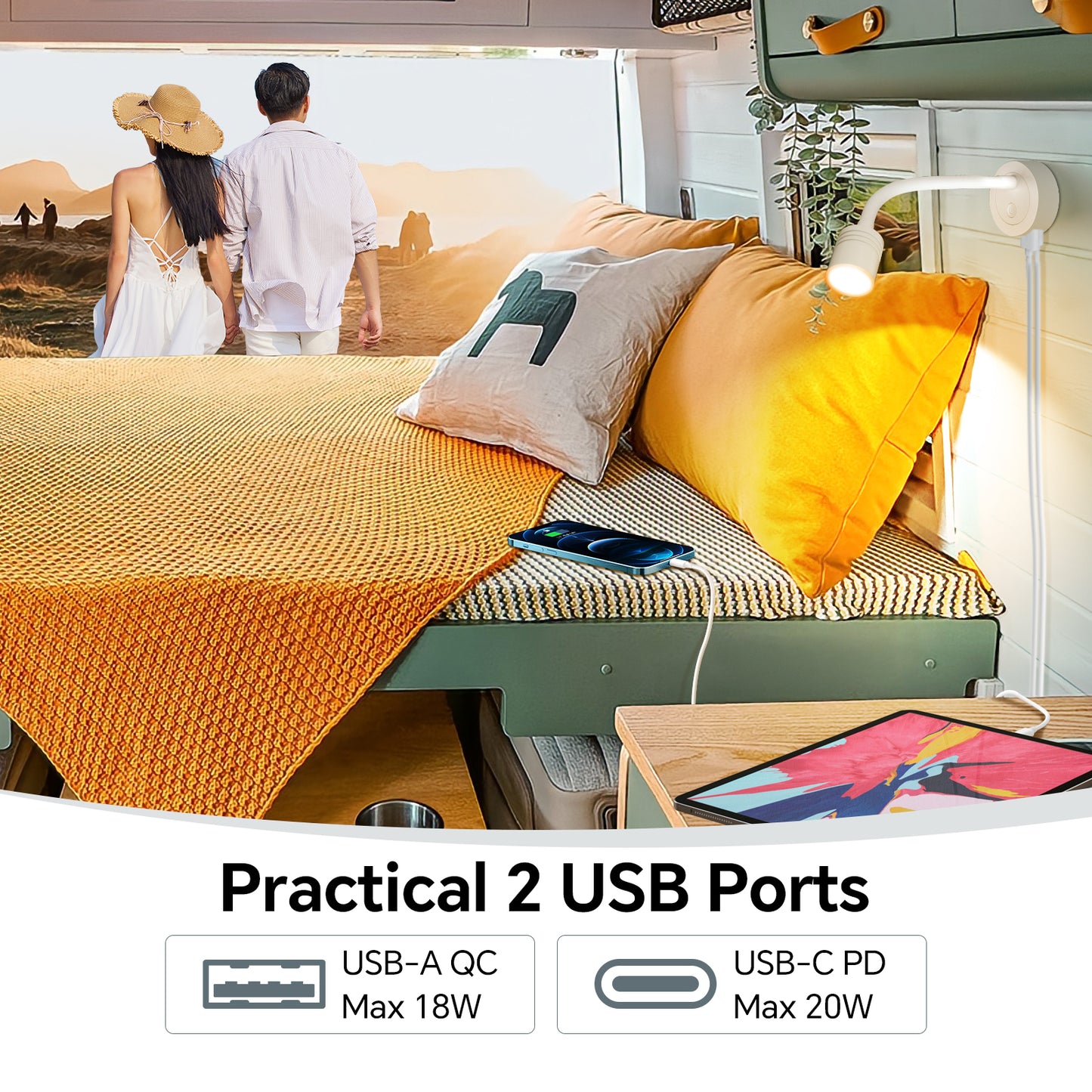 12V Reading Light Campervan, 3200K(Dimmable) & Soft Red Night Light, Equipped USB-A & USB-C Charger Gooseneck LED Bedside Spotlight for Motorhome Boat Van Caravan, White 2PCS
