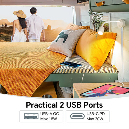 12V Reading Light Campervan, 3200K(Dimmable) & Soft Red Night Light, Equipped USB-A & USB-C Charger Gooseneck LED Bedside Spotlight for Motorhome Boat Van Caravan, White 2PCS