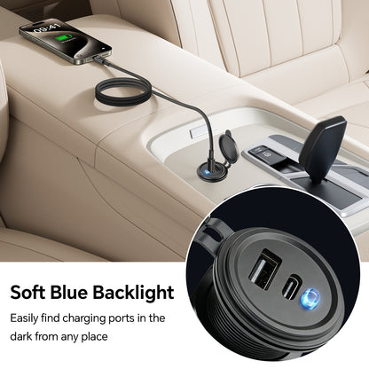 12V USB Outlet with Switch & Blue LED - 30W Type-C & 18W QC3.0 Car Charger - Aluminum Dual Port Fast USB Socket Waterproof Cigarette Lighter Replacement for RV, Boat, Truck, Camper