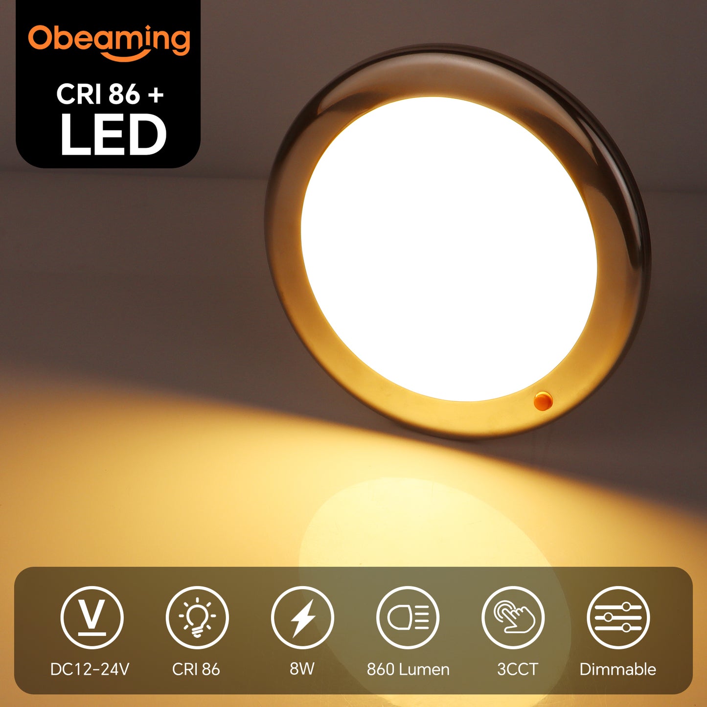 12V Stainless Ceiling Dome Light RV Boat 3 CCT 2700K/4000K/6000K Switchable & Dimmable, Surface Mount LED Down Light for Motorhome Camper Trailer Interior Lighting