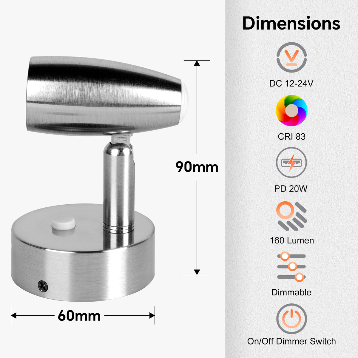 12V Reading Light Aluminum Boat Campervan Swivel Spot Nickel