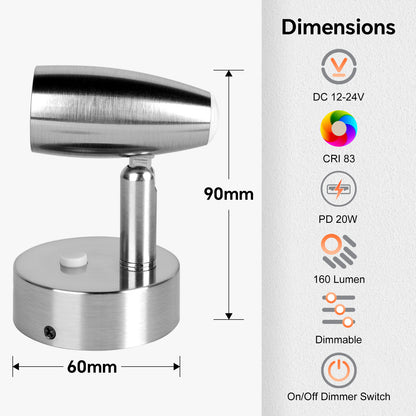 12V Reading Light Aluminum Boat Campervan Swivel Spot Nickel