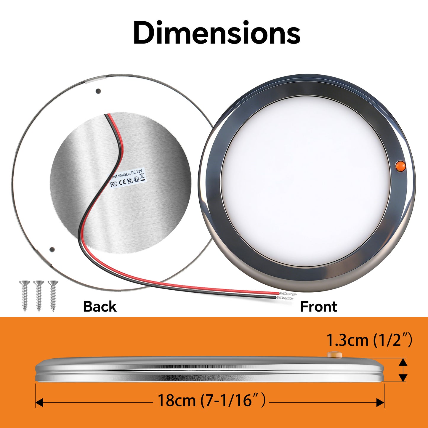 12V Stainless Ceiling Dome Light RV Boat 3 CCT 2700K/4000K/6000K Switchable & Dimmable, Surface Mount LED Down Light for Motorhome Camper Trailer Interior Lighting