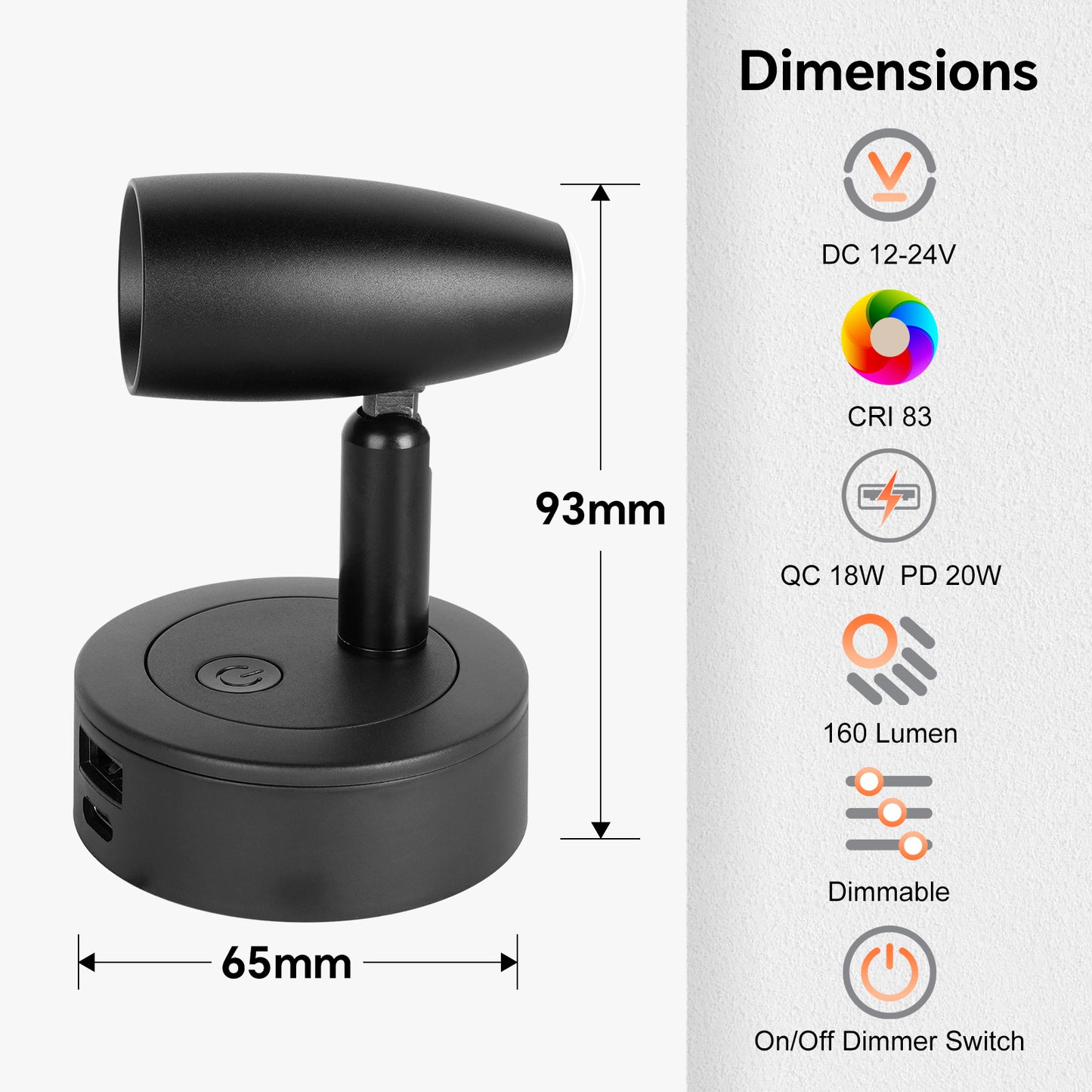 12V Reading Light Aluminum Boat Campervan Swivel Spot Black