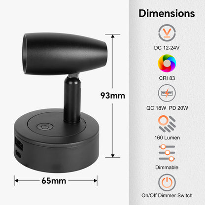 12V Reading Light Aluminum Boat Campervan Swivel Spot Black