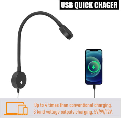 12V Flexible Reading Light - Red Light & Quick USB Charger