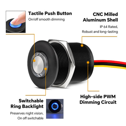 Black Aluminum 12V High-side PWM Dimmer Switch w/ Blue Backlight for LED Strip Light, Halogen, Incandescent