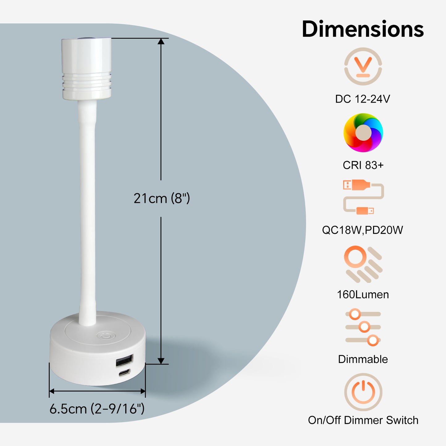 12V Reading Light Campervan, 3200K(Dimmable) & Soft Red Night Light, Equipped USB-A & USB-C Charger Gooseneck LED Bedside Spotlight for Motorhome Boat Van Caravan, White 2PCS