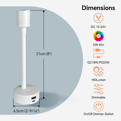 12V Reading Light Campervan, 3200K(Dimmable) & Soft Red Night Light, Equipped USB-A & USB-C Charger Gooseneck LED Bedside Spotlight for Motorhome Boat Van Caravan, White 2PCS