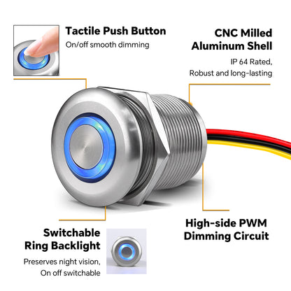 Silver Aluminum 12V High-side PWM Dimmer Switch w/ Blue Backlight for LED Strip Light, Halogen, Incandescent
