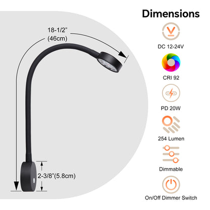 12V Flexible Reading Light 4000K & Red Light, Quick USB C Charger