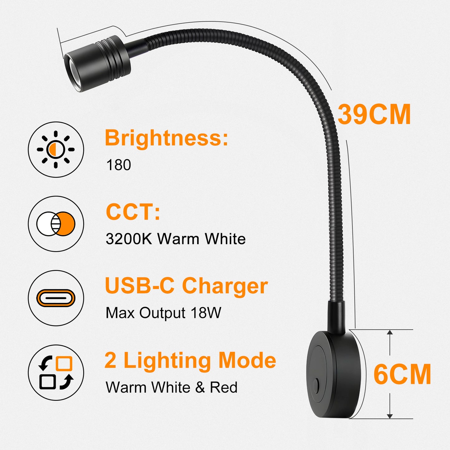 12V Reading Light Campervan, 3200K(Dimmable) & Soft Red Night Light, Equipped USB-C Charger Gooseneck LED Bedside Spotlight for Motorhome Boat Van Caravan, Black
