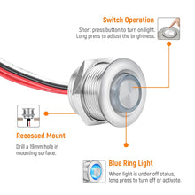 12V Light Dimmer,Max 6 Amps DC 12V 24V LED PWM Dimmer Switch, Stainless Steel Shell, 3/4" Mounting Hole,Blue Indicator, for LED Light Fixtures Halogen Strip Light Rope Light