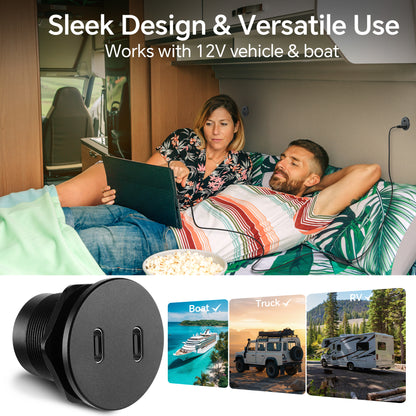 50W 12V USB Outlet Dual 25W USB-C Charger PD 3.0 Aluminum Fast Charging Socket, Replacement Car Charger Accessories for RV Camper Trailer Truck Boat Golf