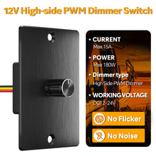 12V PWM LED Dimmer Switch High Side 15A 180W, Push On Off, Rotary Knob Dimming, 24V Light Dimmer for RV Boat Truck Camper Van Trailer Light Fixture, LED Strip Lights (Black Panel)