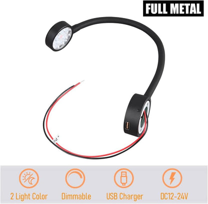 12V Flexible Reading Light - Red Light & Quick USB Charger