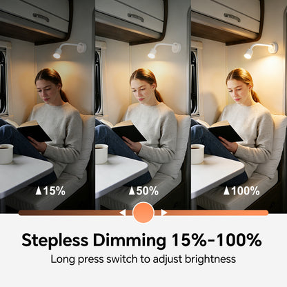12V Reading Light Campervan, 3200K(Dimmable) & Soft Red Night Light, Equipped USB-A & USB-C Charger Gooseneck LED Bedside Spotlight for Motorhome Boat Van Caravan, White 2PCS