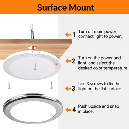 12V Stainless Ceiling Dome Light RV Boat 3 CCT 2700K/4000K/6000K Switchable & Dimmable, Surface Mount LED Down Light for Motorhome Camper Trailer Interior Lighting