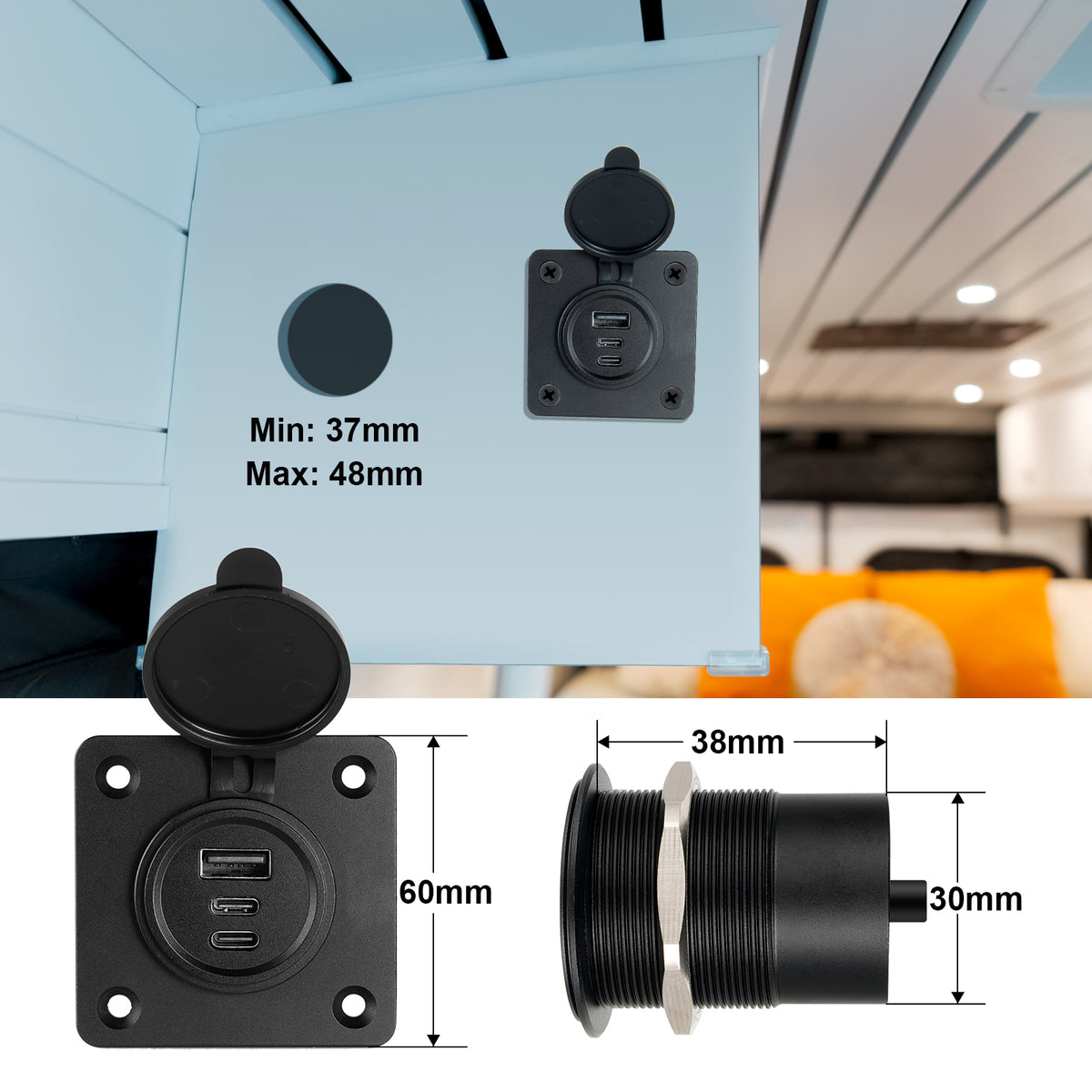 12V USB Socket Aluminum Faceplate USB C Outlet, Dual PD 3.0 & QC3.0
