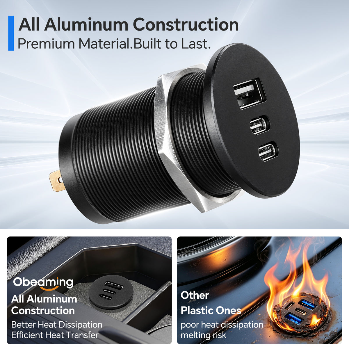 68W 3 Port 12V USB Outlet, Dual PD3.0 Type-C QC3.0 Aluminum Car Charger