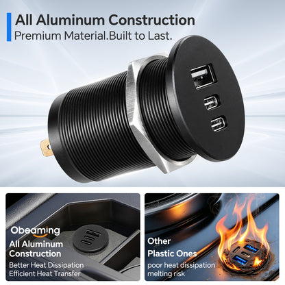 68W 3 Port 12V USB Outlet, Dual PD3.0 Type-C QC3.0 Aluminum Car Charger