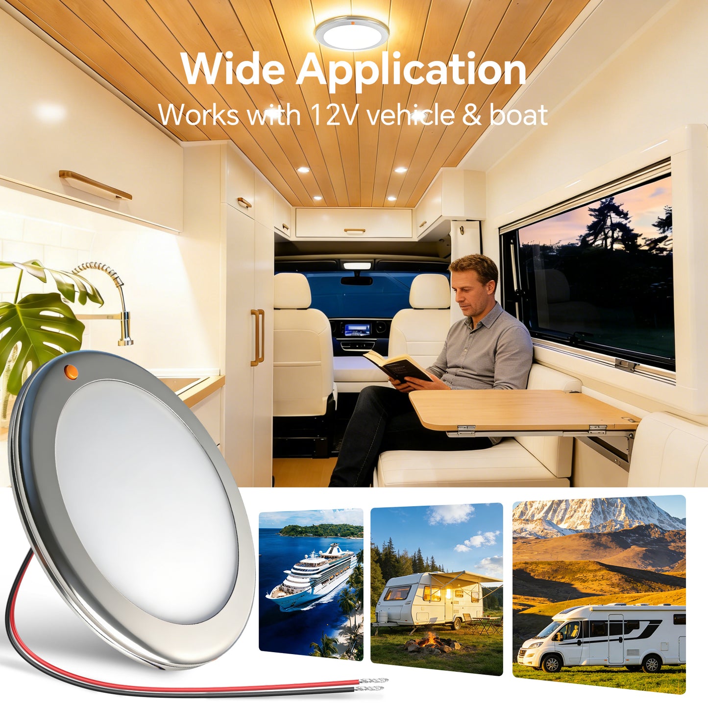 12V Stainless Ceiling Dome Light RV Boat 3 CCT 2700K/4000K/6000K Switchable & Dimmable, Surface Mount LED Down Light for Motorhome Camper Trailer Interior Lighting