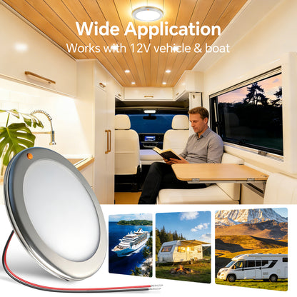 12V Stainless Ceiling Dome Light RV Boat 3 CCT 2700K/4000K/6000K Switchable & Dimmable, Surface Mount LED Down Light for Motorhome Camper Trailer Interior Lighting