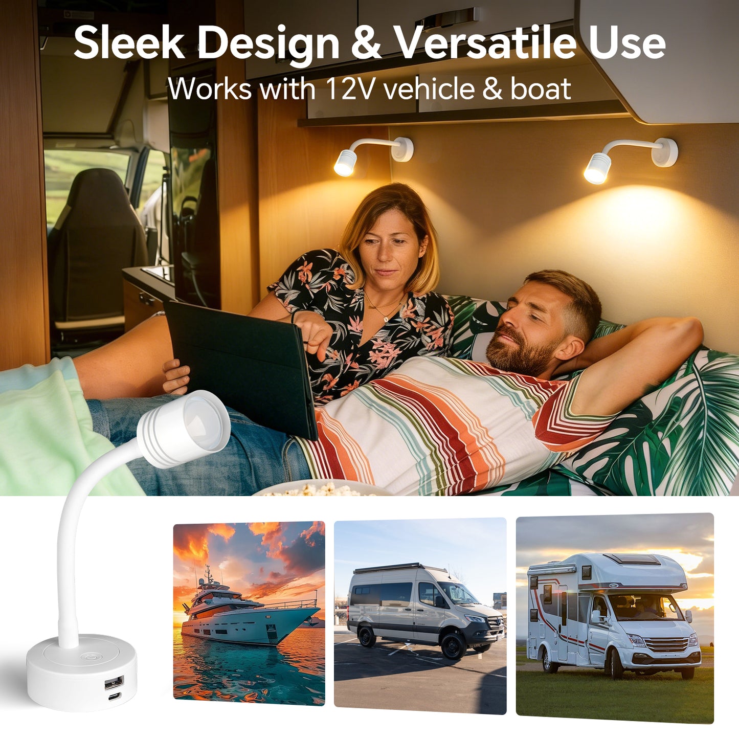 12V Reading Light Campervan, 3200K(Dimmable) & Soft Red Night Light, Equipped USB-A & USB-C Charger Gooseneck LED Bedside Spotlight for Motorhome Boat Van Caravan, White 2PCS
