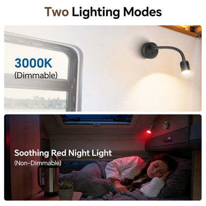 12V Reading Light Campervan, 3200K(Dimmable) & Soft Red Night Light, Equipped USB-A & USB-C Charger Gooseneck LED Bedside Spotlight for Motorhome Boat Van Caravan, Black 2PCS