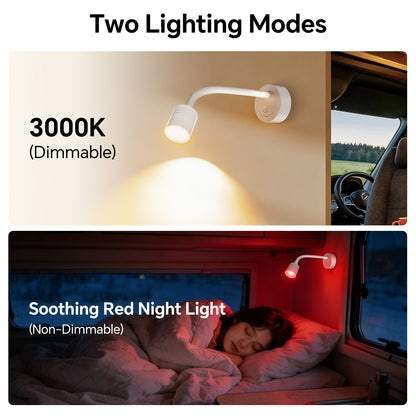 12V Reading Light Campervan, 3200K(Dimmable) & Soft Red Night Light, Equipped USB-A & USB-C Charger Gooseneck LED Bedside Spotlight for Motorhome Boat Van Caravan, White 2PCS
