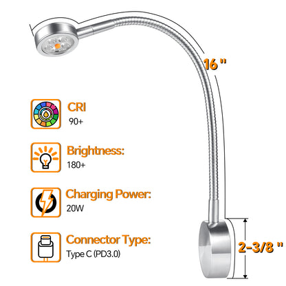 Silver Aluminum 12V Reading Light w/ Head Switch & USB-C Port