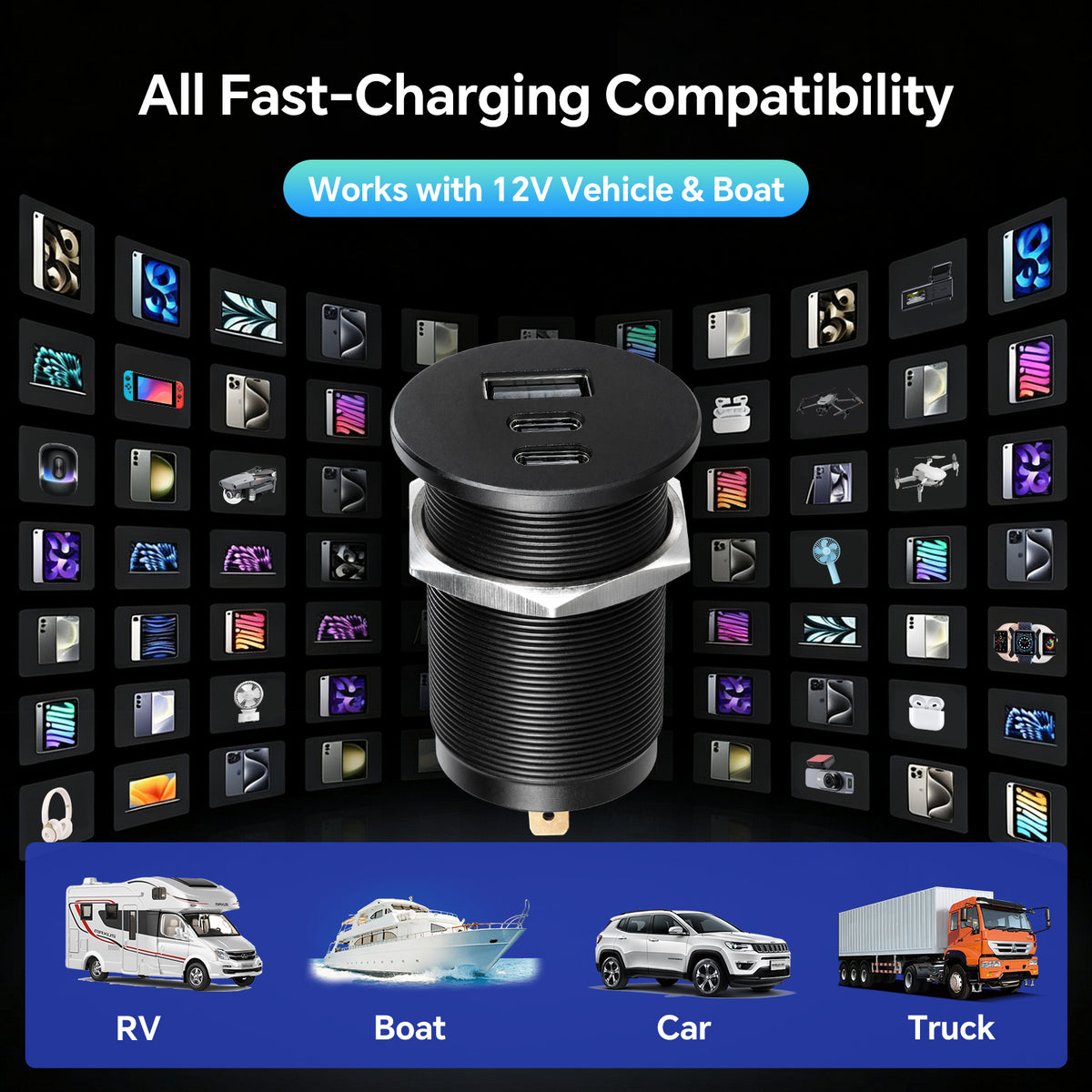 68W 3 Port 12V USB Outlet, Dual PD3.0 Type-C QC3.0 Aluminum Car Charger