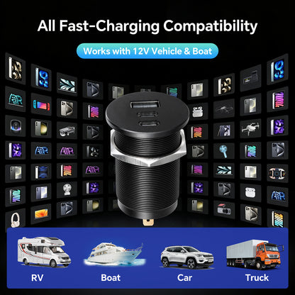 68W 3 Port 12V USB Outlet, Dual PD3.0 Type-C QC3.0 Aluminum Car Charger
