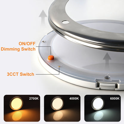 12V Stainless Ceiling Dome Light RV Boat 3 CCT 2700K/4000K/6000K Switchable & Dimmable, Surface Mount LED Down Light for Motorhome Camper Trailer Interior Lighting