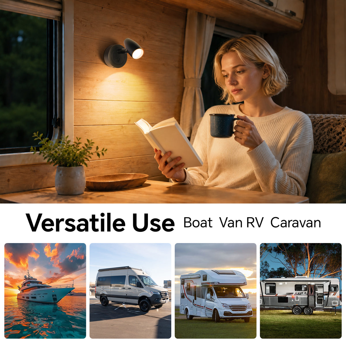 12V Reading Light Aluminum Boat Campervan Swivel Spot Black