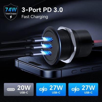 USB C Socket 12V Aluminum 3-Port Outlet, 27W PD & 20W PD