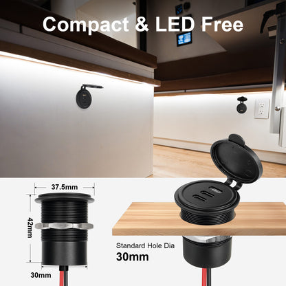 USB C Socket 12V Aluminum 3-Port Outlet, 27W PD & 20W PD