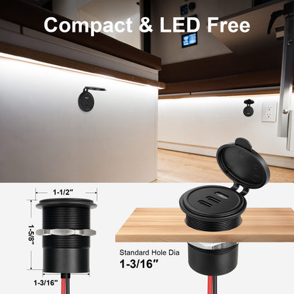 USB C Socket 12V Aluminum 3-Port Outlet, 27W PD & 20W PD