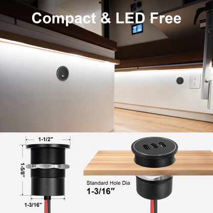 USB C Socket 12V Aluminum 3-Port Outlet, 27W PD & 20W PD