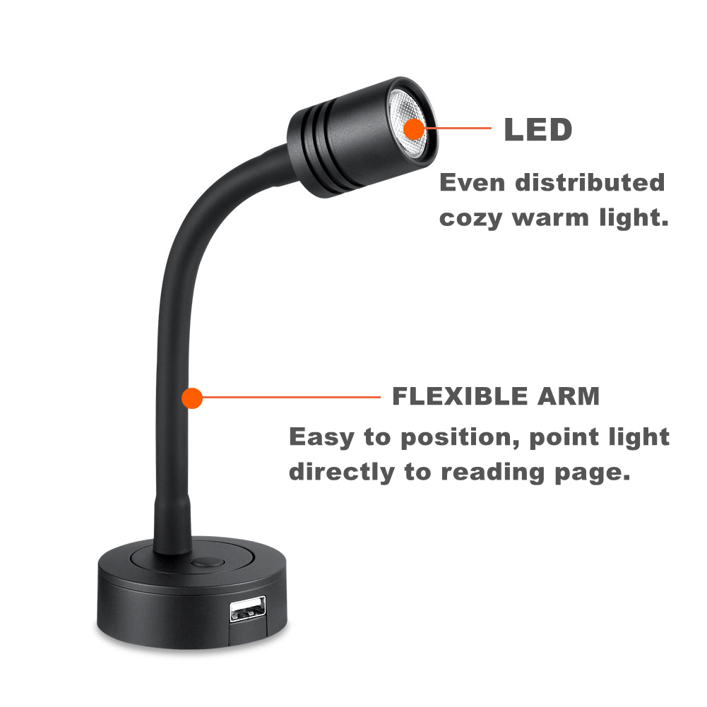 Obeaming 12V RV Reading LED Light  w/ USB Charger port